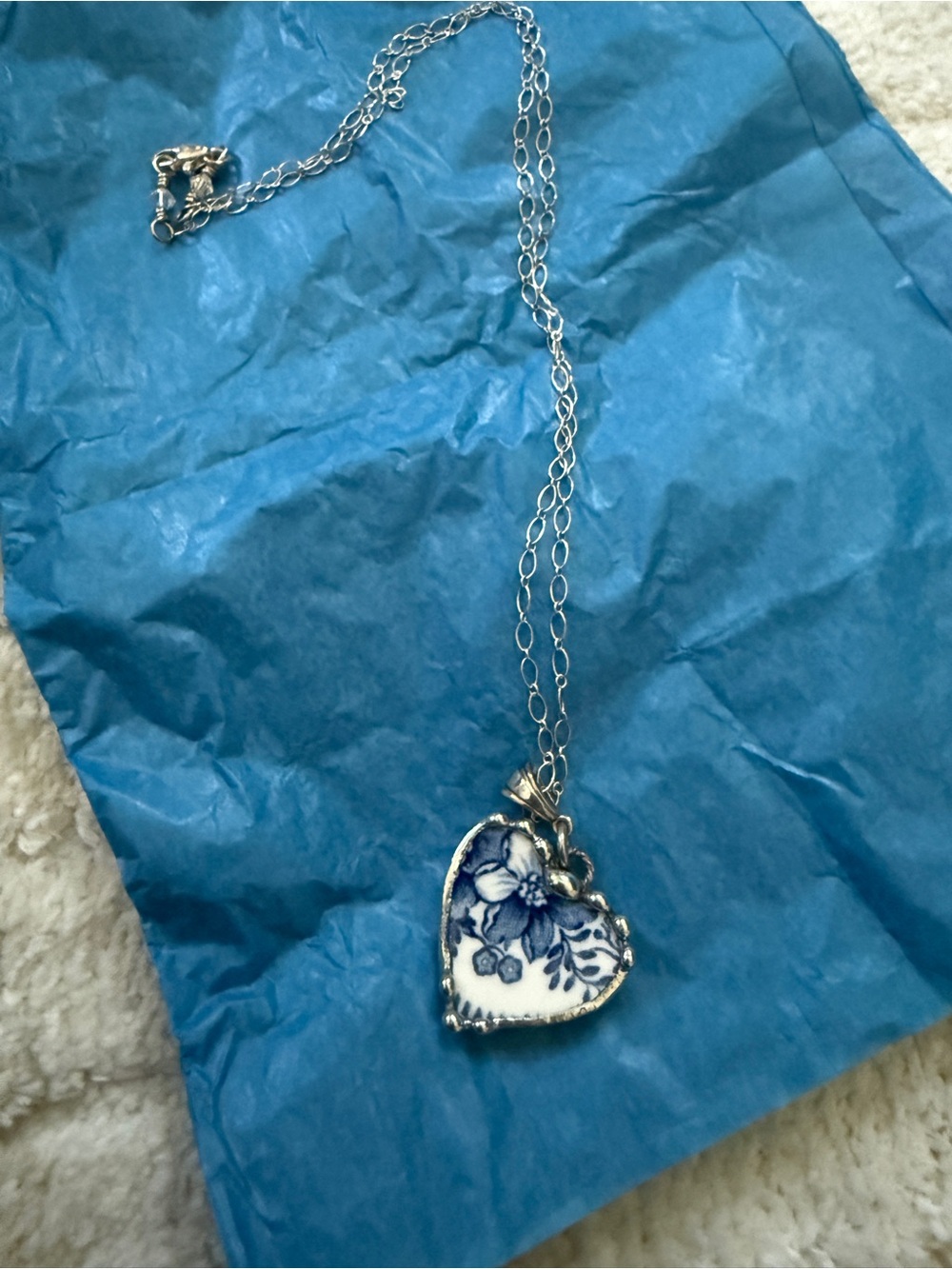 Silver-Tone Blue Floral Heart Pendant Necklace